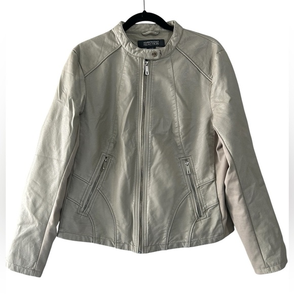 Women's Kenneth Cole Reaction Faux Cement/Sone Color Leather Moto Jacket Sz XL - Picture 1 of 6
